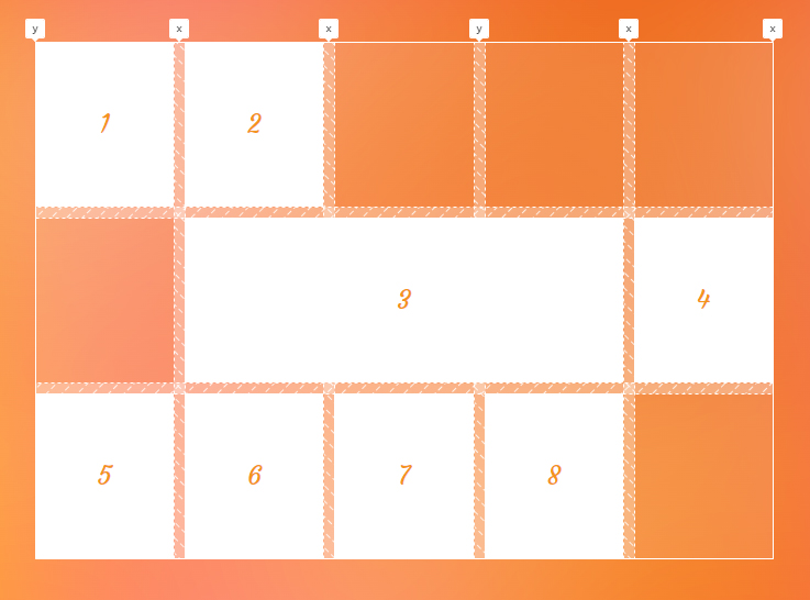 Three row grid with five columns.