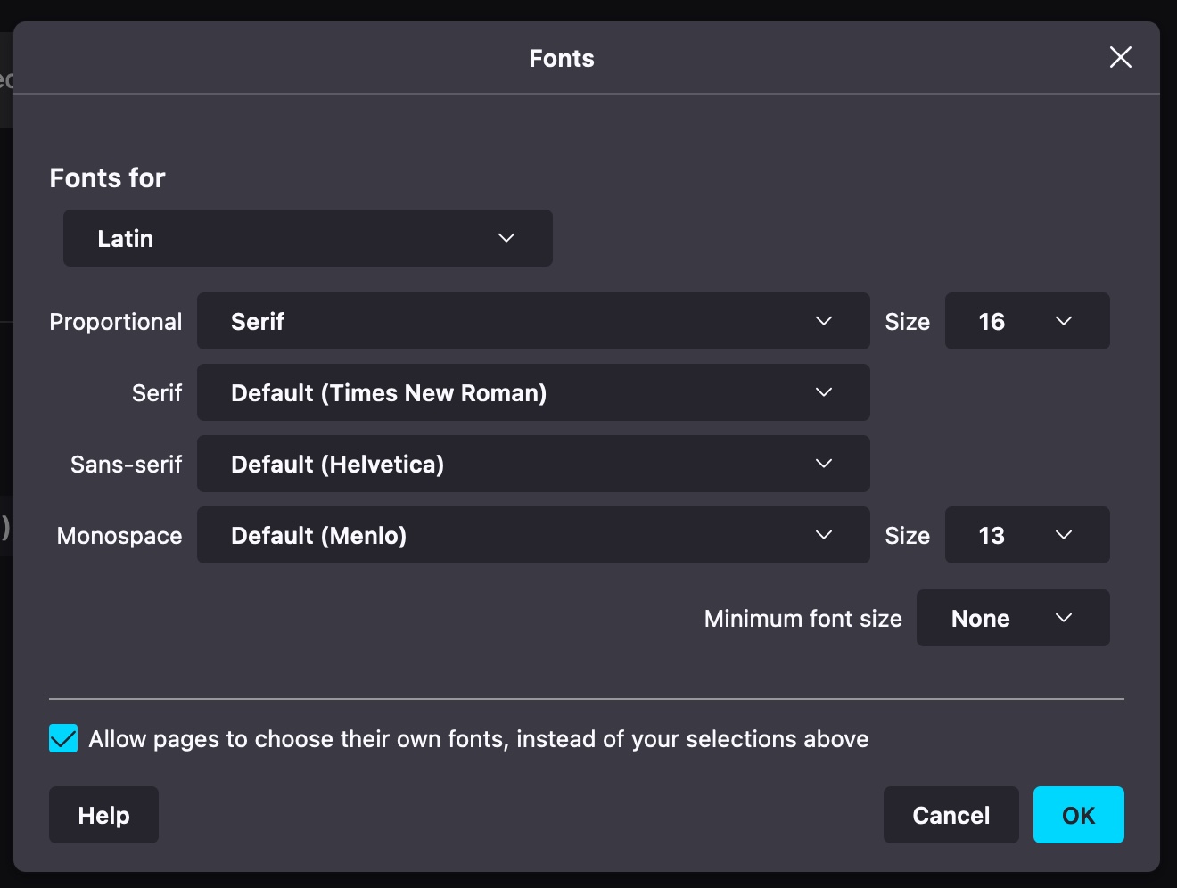 Screenshot of user font preferences.