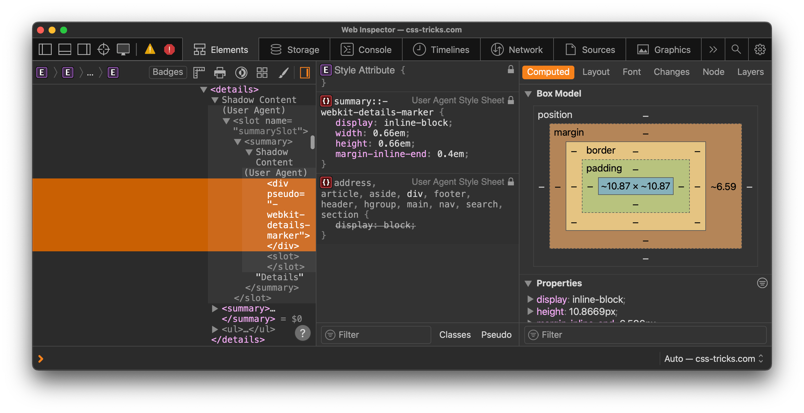 Inspecting a details element in devtools to reveal the markup containing the detail marker.