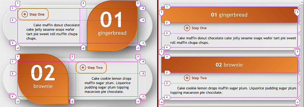 On the left, a screenshot of the wide screen scenario. We have a three row, two column grid with the third row collapsed (height zero). The first level heading occupies either the column on the right (for odd items) or the one on the left (for even items). The second level heading is on the other column and on the first row, while the paragraph text is below the second level heading on the second row. On the right, a screenshot of the narrower scenario. In this case, the third row has a height enough to fit the paragraph text, but the second column is collapsed. The first and second level heading occupy the first and second row respectively.