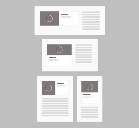 Showing four states of a card element changing between portrait and landscape layouts at various breakpoints.