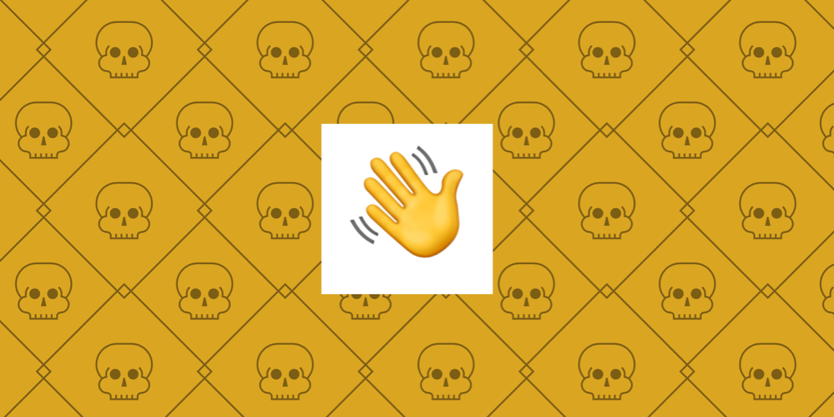 A waving hand emoji against a muted yellow background with a repeating skull pattern.