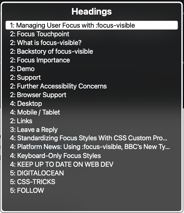 VoiceOver rotor feature showing the Headings navigation.