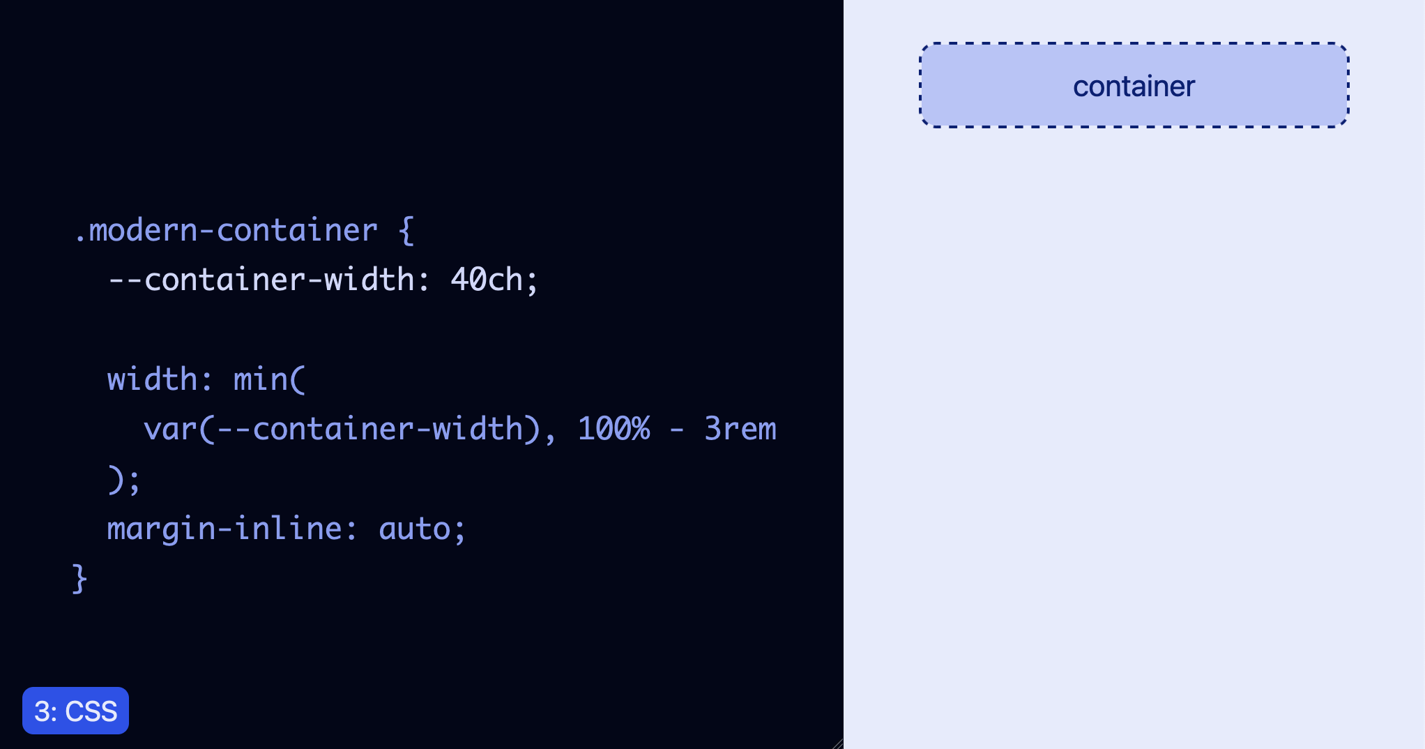 Slide deck screenshot showing the split view with live code on the left and the output on the right. The page number of the slide is shown in the bottom-left corner and includes the word CSS after the page number.