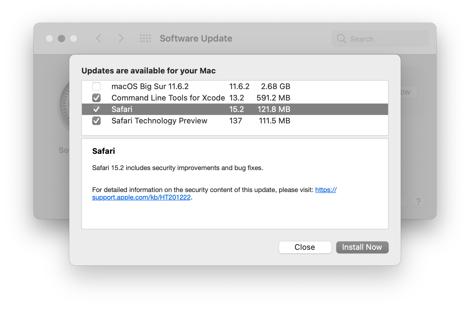 A sub-window floating over macOS’s Software Update preference pane. It shows options for updating macOS Big Sur to version 11.6.2, Command Line Tools for Xcode to version 13.2, Safari to version 15.2, and Safari Technology Preview to version 137, all of which are considered Evergreen software. Screenshot.